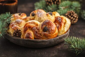 Traditional Swedish Christmas saffron buns (lussebulle or lussekatt). Swedish christmas.