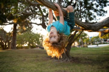 Funny little kid enjoying summer in a garden. Cute child climbing the tree. Kids playing outdoor.
