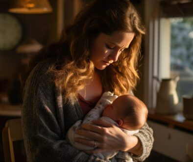 A young mother with postpartum depression holds her baby in her arms.